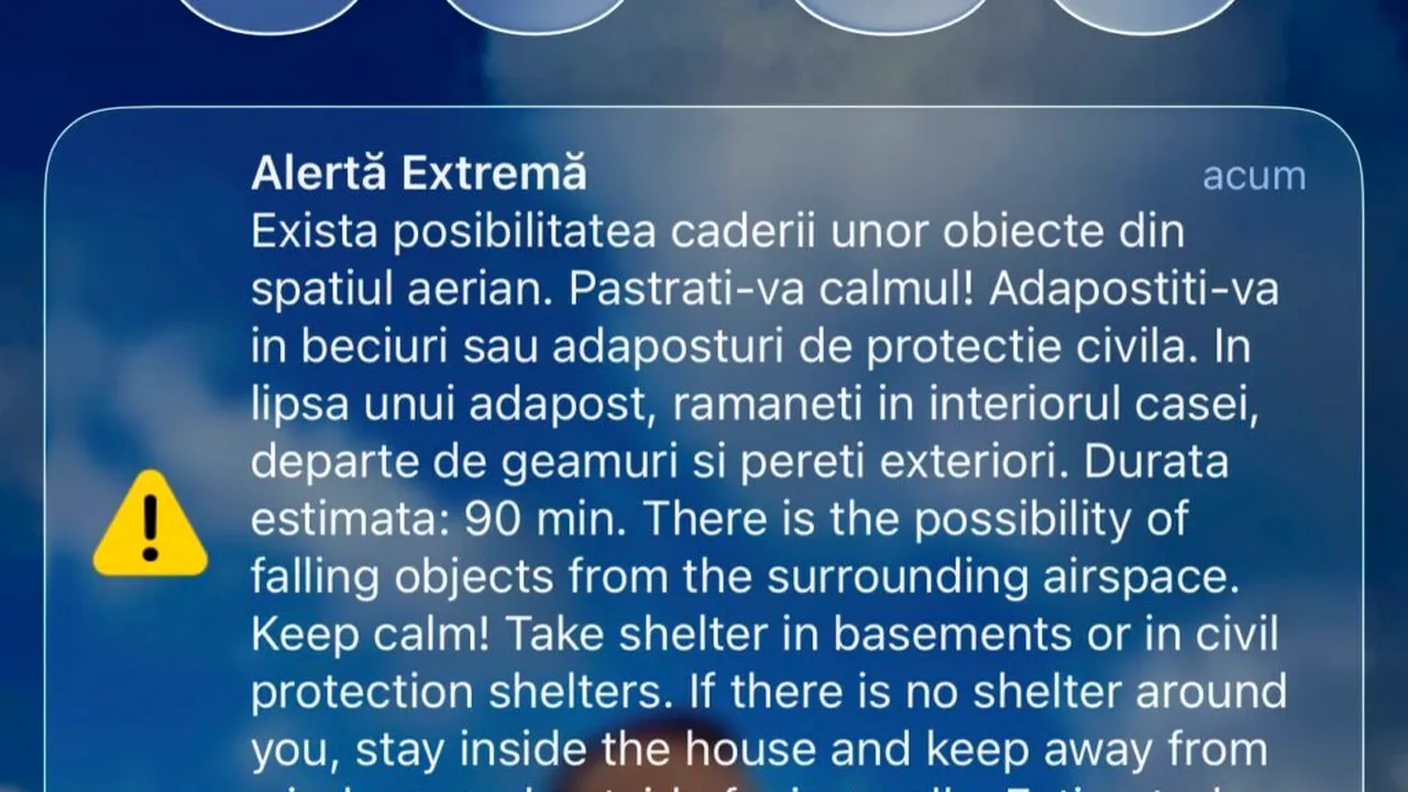 RO-Alert pentru județul Tulcea. Locuitorii au fost avertizați cu privire la obiecte căzute din spațiul aerian