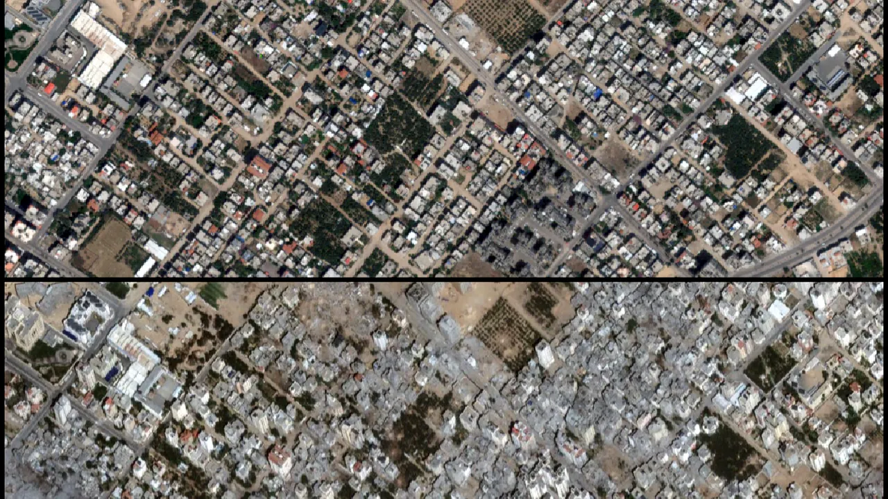 Înainte şi după. Imaginile arată distrugerile masive din Gaza. Războiul din Fâşia Gaza generează distrugeri comparabile cu cele mai devastatoare războaie urbane din istoria modernă