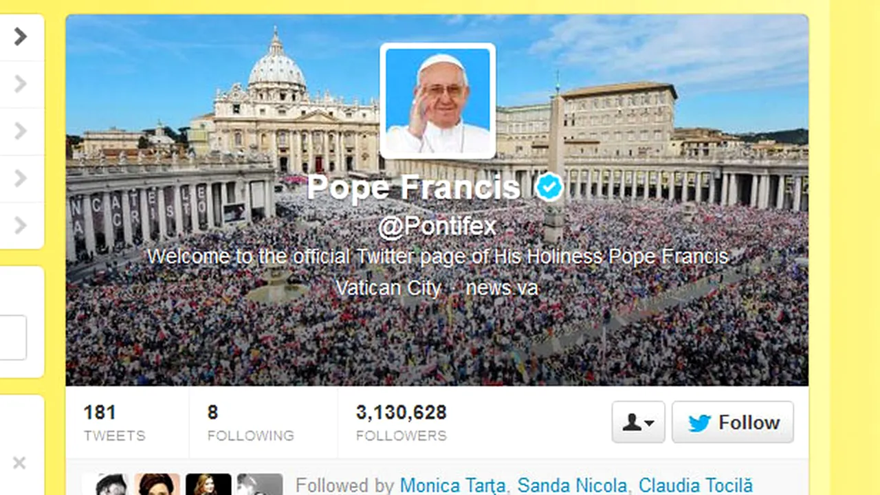 Popularitatea papei Francisc pe Twitter a crescut: contul papal a depăşit 10 milioane de followeri