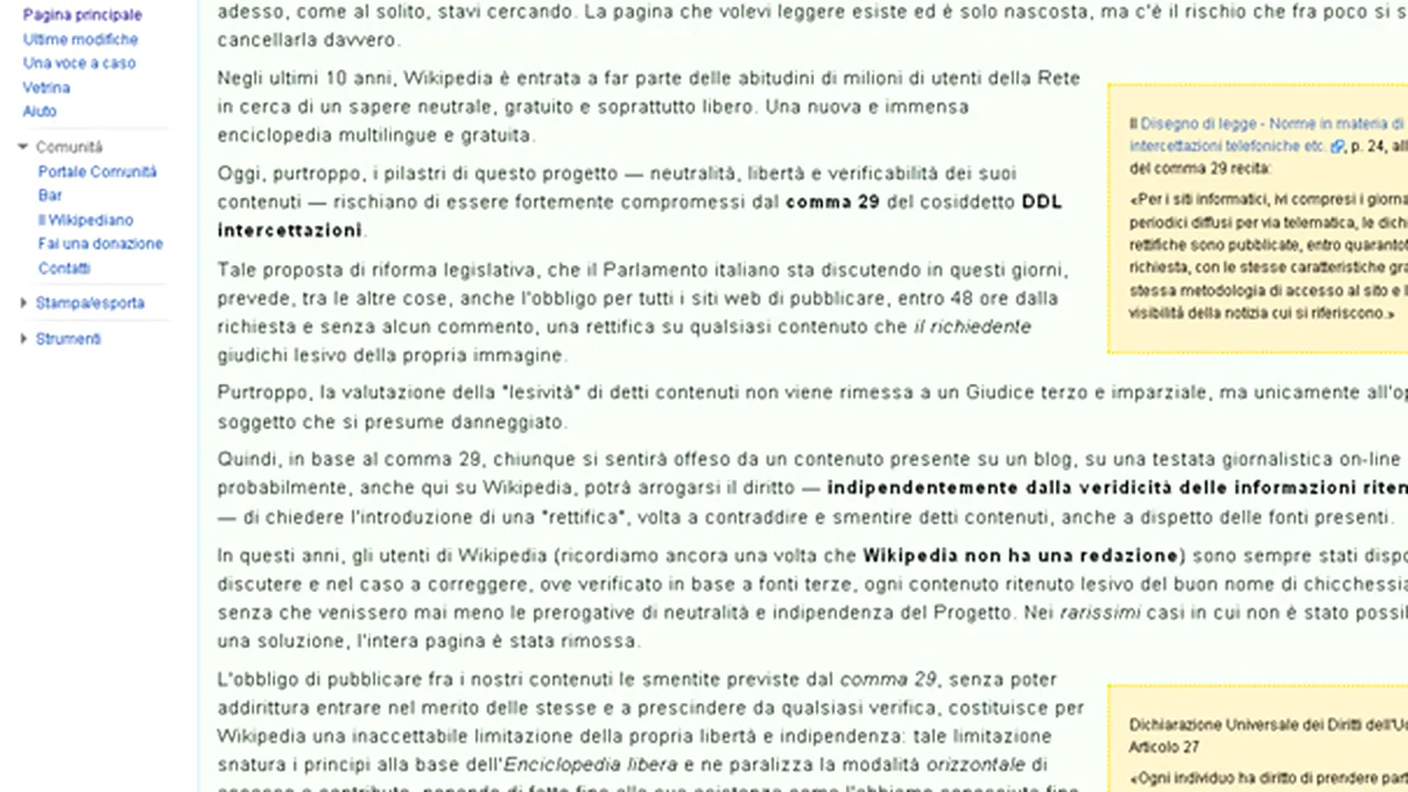 Ediţia în italiană a Wikipedia protestează faţă de un proiect de lege al Guvernului de la Roma