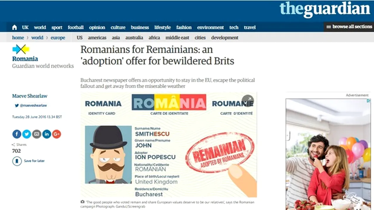 Campania Gândul „Romanians adopt Remainians” a ajuns în presa din Marea Britanie. The Guardian: Un cotidian din Bucureşti oferă britanicilor oportunitatea de a rămâne în UE