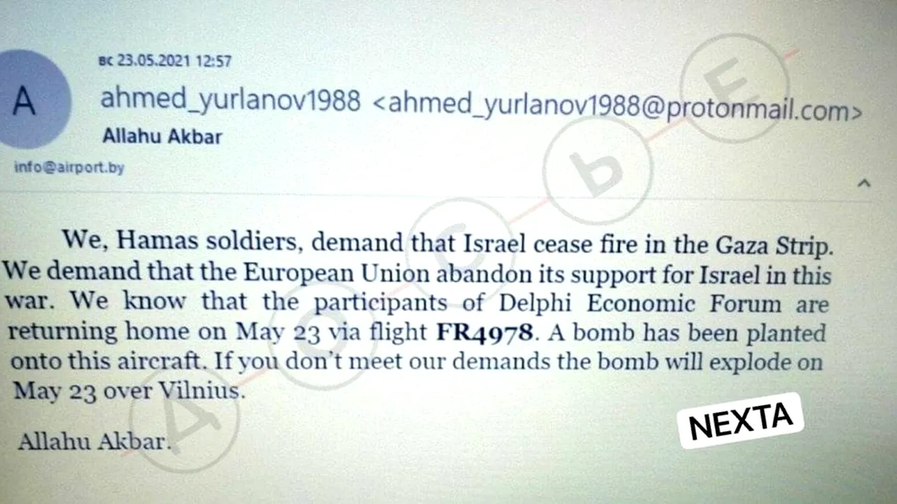 Gafă a KGB-ului? Ameninţarea cu bomba prin e-mail atribuită de Belarus grupării Hamas a fost trimisă după ce deturnarea avionului Ryanair începuse