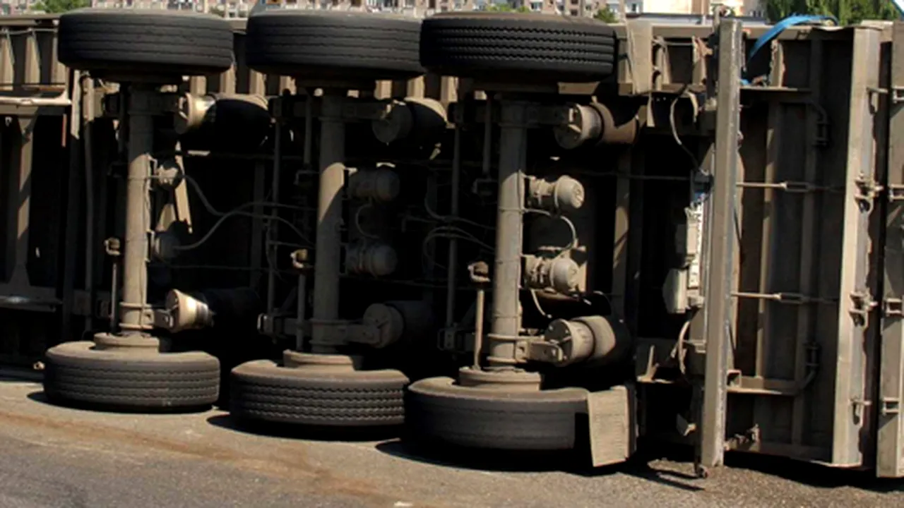 Pagubă pe şosea: 8 maşini noi distruse complet după ce autotrenul care le transporta s-a răsturnat