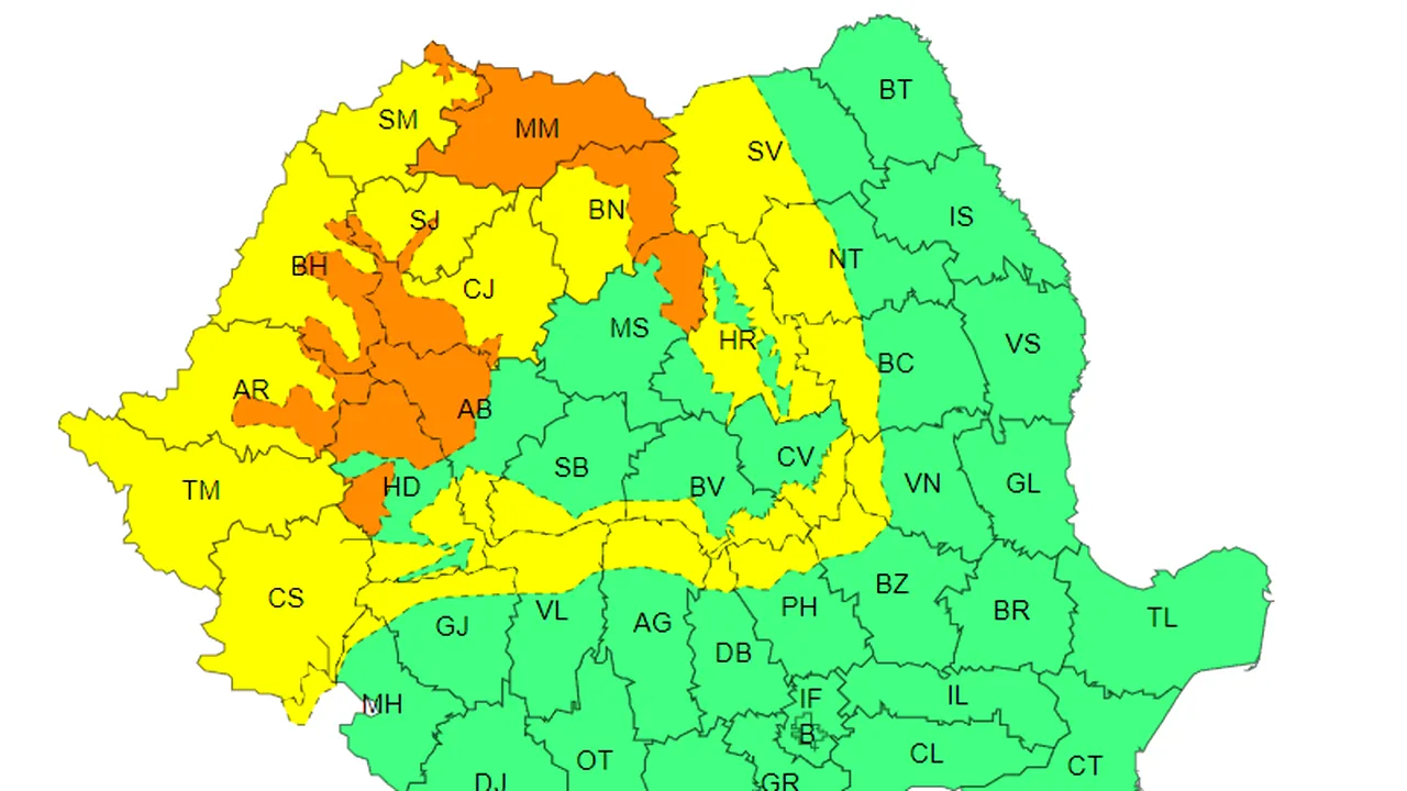 Meteo. ANM: Coduri portocalii şi galbene de precipitaţii şi vânt în mai multe judeţe