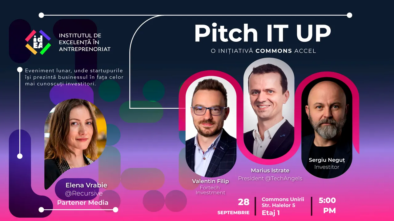 Antreprenorii români, fondatori de start-up-uri, au şansa de a-şi prezenta proiectele direct ȋn faţa unor investitori şi de a obţine finanţare, ȋn cadrul evenimentului Pitch It Up