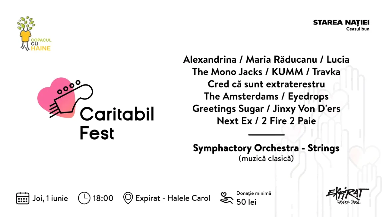 1 IUNIE: Caritabil Fest, Expirat – Halele Carol. Symphactory Orchestra, Alexandrina, Lucia şi mulţi alţii cântă pentru 3 copii care au câştigat lupta cu cancerul