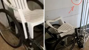 Haz de necaz la Spitalul de Urgenţă Craiova. Pacienţii, plimbaţi cu un scaun cu rotile improvizat. „Ultimele modele au şi umbrelă”