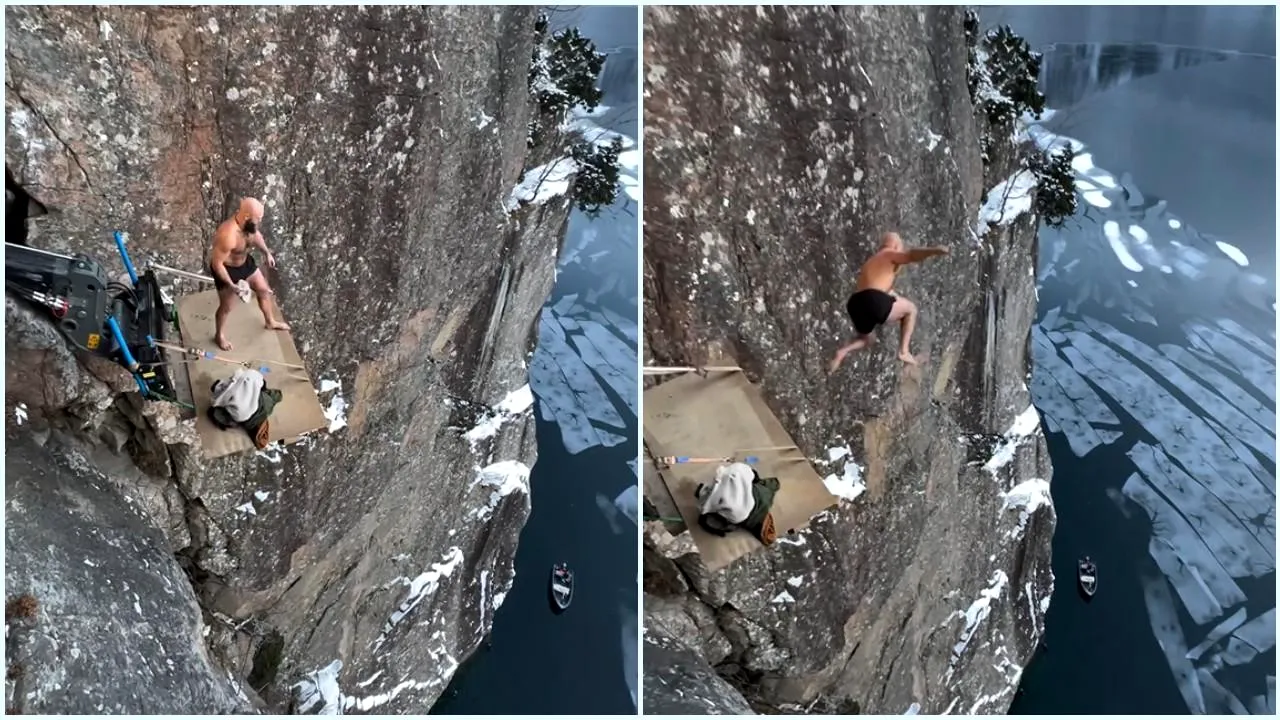 Scufundare record în fiordul norvegian: săritură pe burtă de la 40,5 metri

