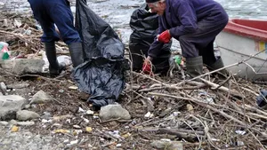 Tone de gunoi aduse de viituri pe Dunăre, la Orşova - FOTO