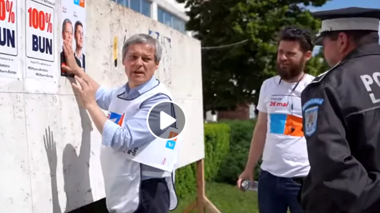 Scene comice de campanie. Cioloş, „prins” în timp ce lipea un afiş şi luat la întrebări de un poliţist local din Teleorman