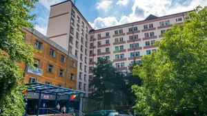 Fântână arteziană cu scop terapeutic în faţa unui spital, amenajată din colectarea taxei de parcare