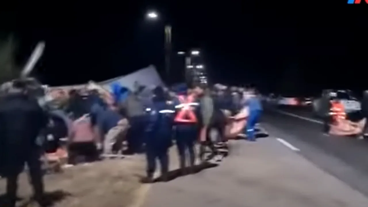 Jaf la drumul mare: oamenii au furat hălci de carne dintr-un caminon răsturnat