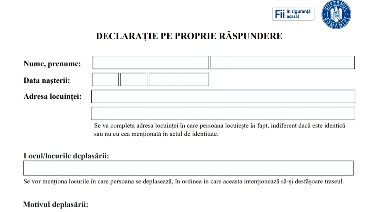 Modelul de declaraţie pe proprie răspundere, necesară pentru a putea ieşi din casă, a fost actualizat şi simplificat. Descarcă de AICI NOUA VARIANTĂ