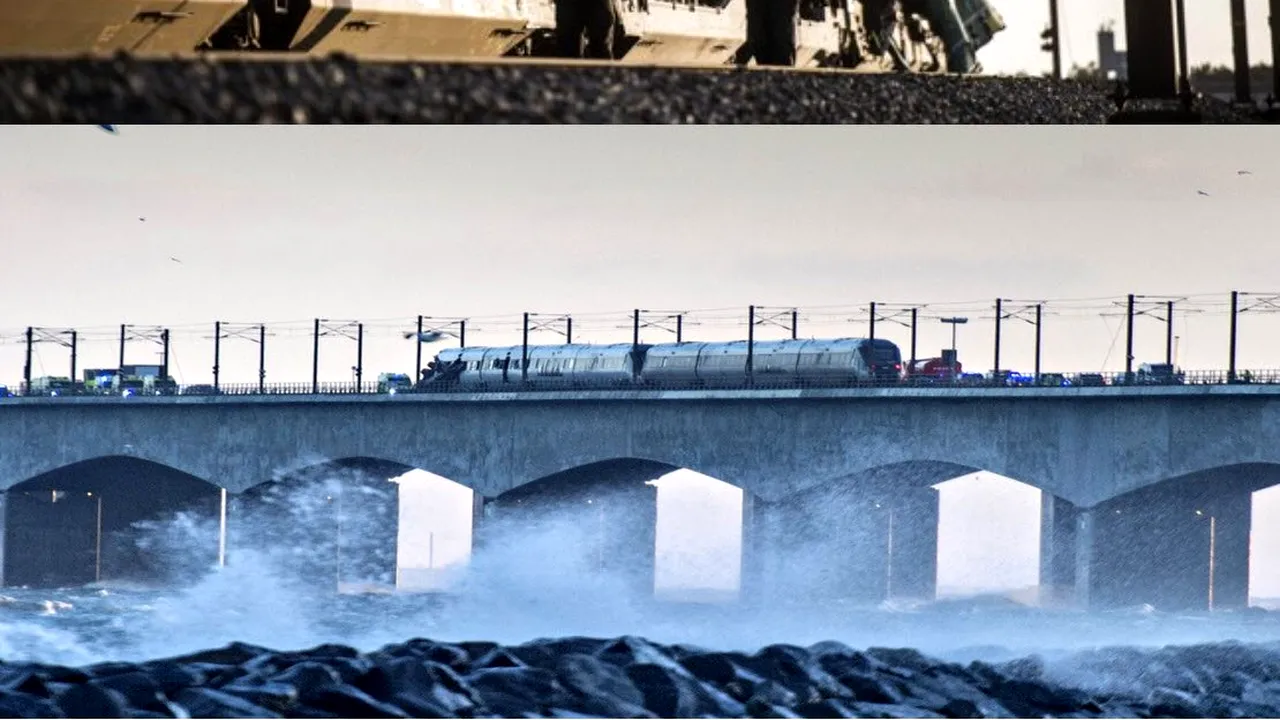 Accident feroviar pe un pod între două insule în Danemarca. UPDATE: Obiecte s-au desprins de pe un tren de marfă din cauza vântului. Primele imagini