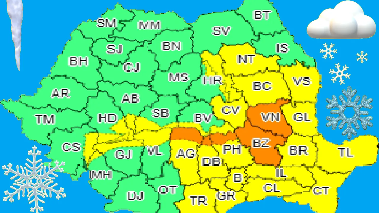 Cod portocaliu de ninsori abundente şi viscol în cinci judeţe