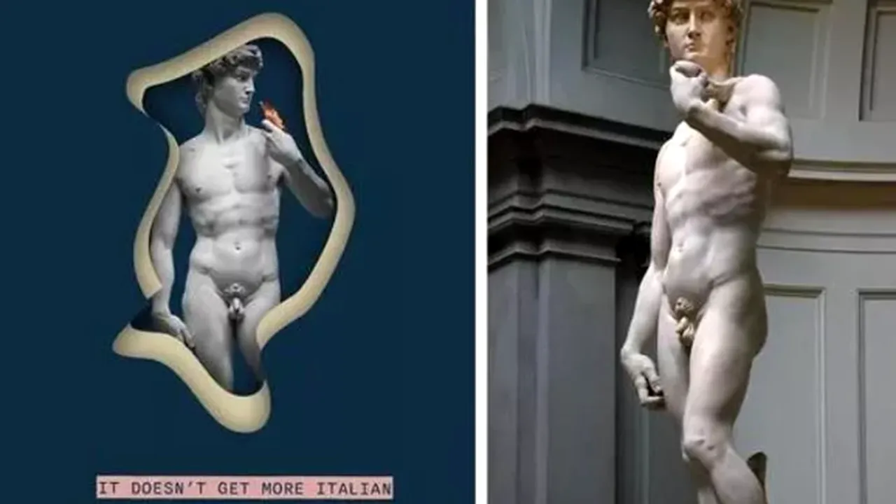 Reclamă cenzurată pentru pornografie în cazul unui restaurant reprezentat de David, sculptura lui Michelangelo
