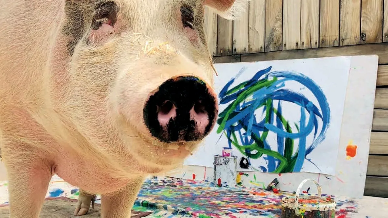 Purcica Pigcasso: Povestea animalului salvat de la abator care a devenit celebru pentru picturile sale/ Operele de artă se vând cu mii de dolari