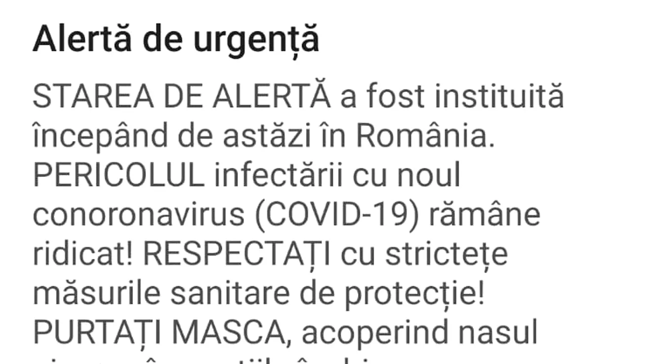 „PERICOLUL infectării cu noul coronavirus (COVID-19) rămâne ridicat!”. Mesajul Ro-Alert, de nivel 2, transmis în toată ţara