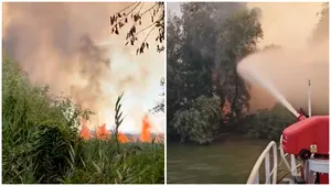 Incendiu puternic în Delta Dunării. Există pericol de propagare la fondul forestier. Arafat: Intervenția pe apă, esențială