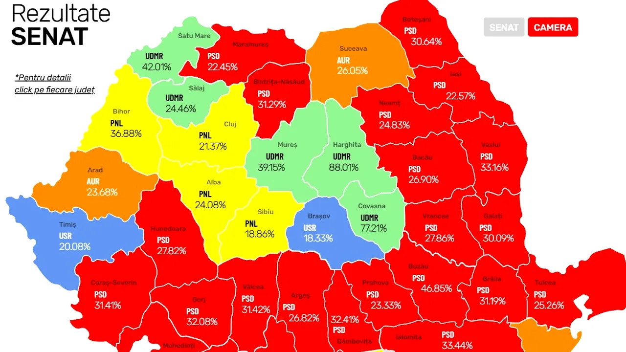 Alegeri parlamentare. Votul pe judeţe: PSD câştigă 25 de judeţe, PNL 6, UDMR 5, AUR 3, USR 2