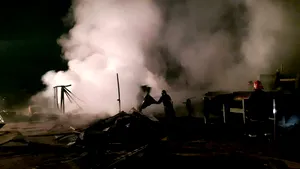 FOTO Pagube importante în urma unui incendiu la o hală de prelucrare a lemnului, în judeţul Prahova