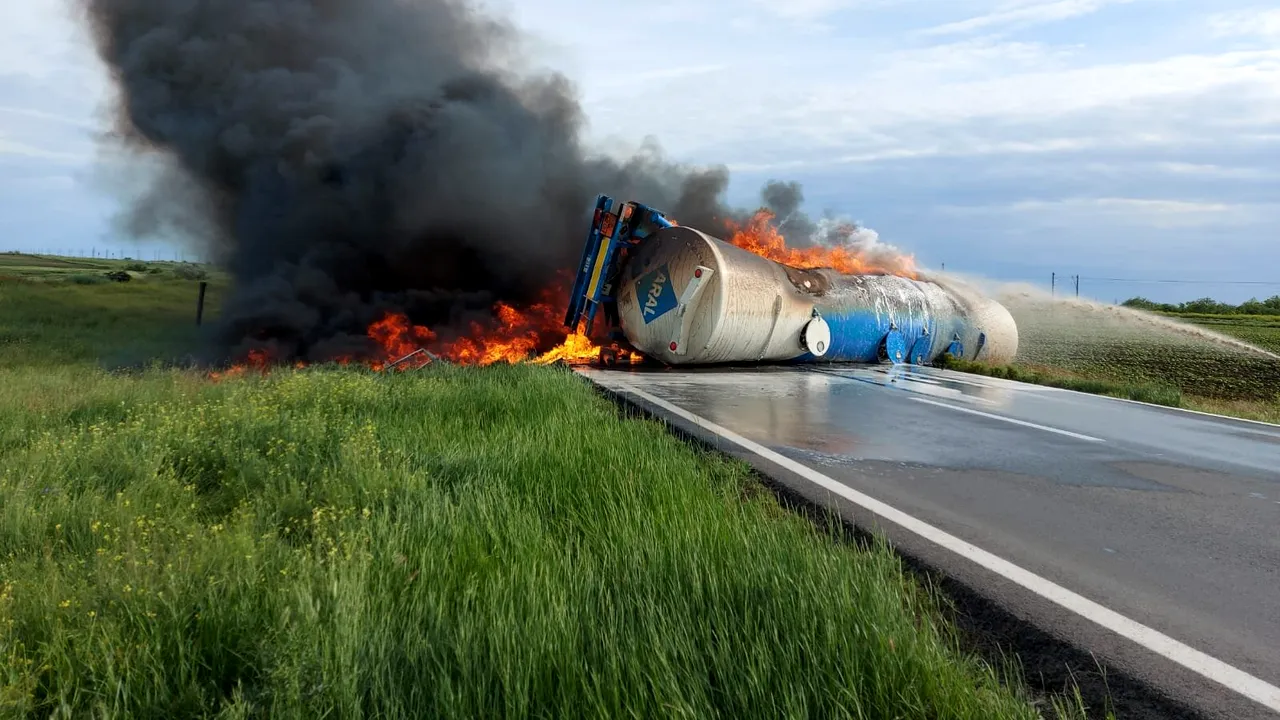 FOTO O autocisternă a luat foc pe o şosea din judeţul Brăila. Traficul este blocat