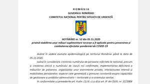 Declaraţia de proprie răspundere revine din 9 noiembrie. Masca obligatorie, scoala doar online, telemuncă şi magazine închise după 21.00 | DOCUMENT Hotărârea CNSU nr.52