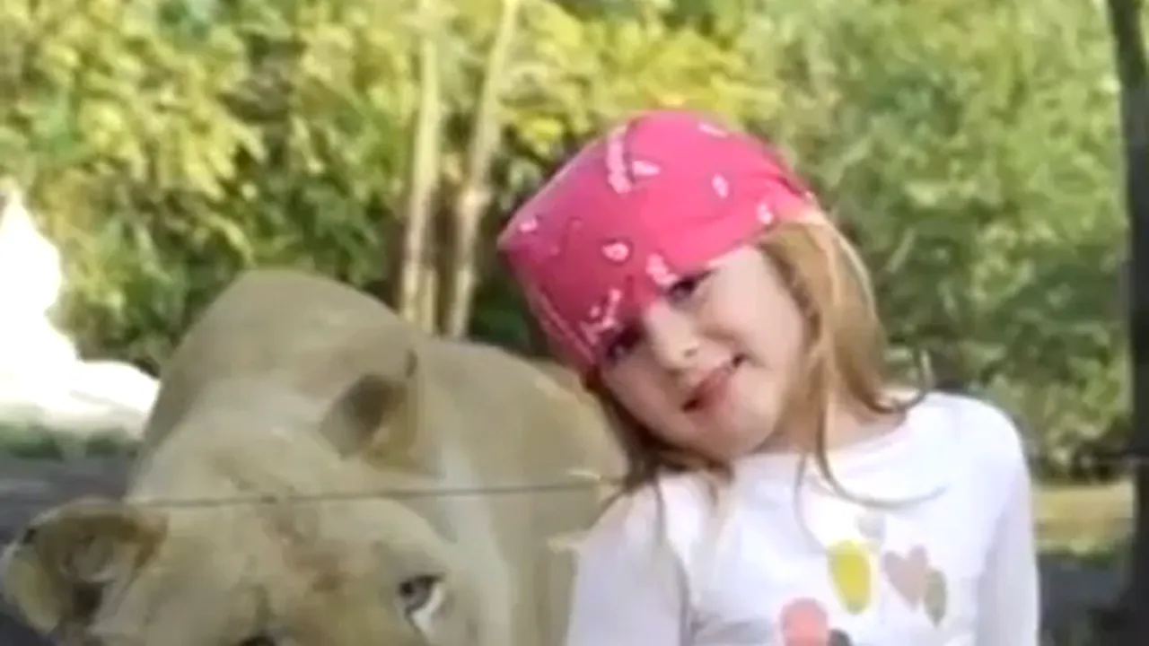 O fetiţă şi o leoaică. Reacţia copilului când îşi dă seama că animalul este în spatele ei - VIDEO