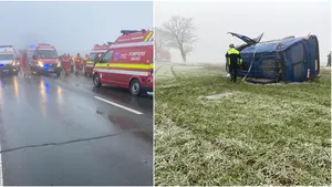 Microbuz răsturnat în Constanţa: Două persoane au murit. Alţi 14 oameni au fost răniţi / Şoferul nu a adaptat viteza, la condiţiile meteo. VIDEO