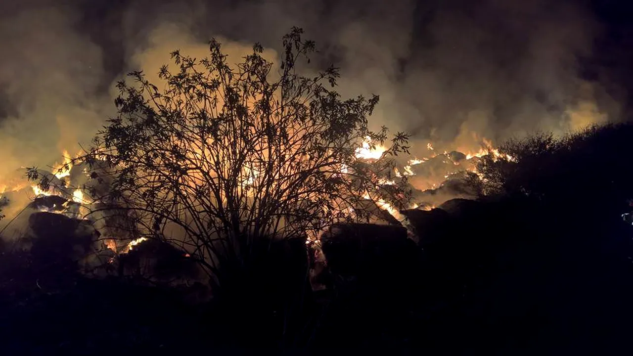 BREAKING: Incendiu puternic la un depozit de furaje din Timiş. Ard baloţi de lucernă şi fân