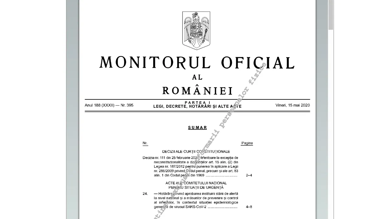 Legea stării de alertă a fost publicată în Monitorul Oficial (Legea 55/2020). Este ultima confirmare că va intra în vigoare de luni