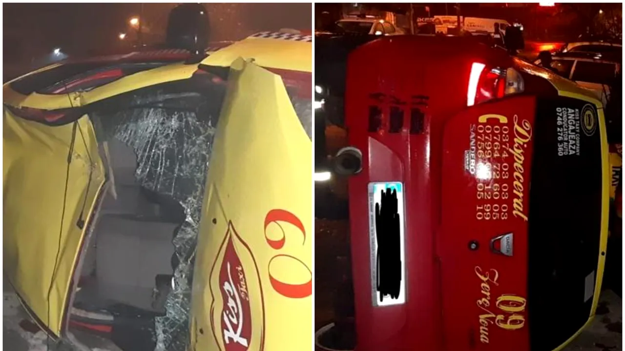 Persoane rănite, după ce un taxi care circula cu viteză s-a răsturnat. Alte trei maşini, acroşate 