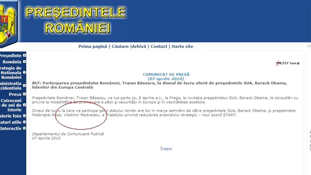 Preşedinţia României a greşit numele preşedintelui rus, numindu-l 