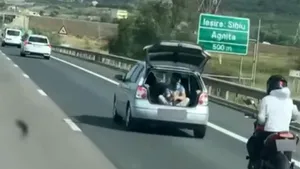 Nebunie pe A1, la Sibiu. Un tânăr filma din portbagaj, iar motociclistul făcea parte din „scenariu”