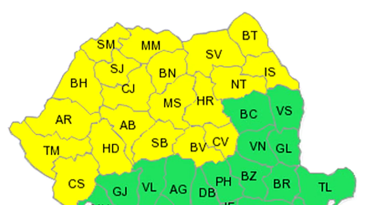 Avertizare meteo cod galben de ploi pentru 20 de judeţe
