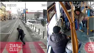 Momentul în care un pieton se aruncă în faţa unui autobuz în Cluj. Călătorii „zboară” pur si simplu după frână. VIDEO