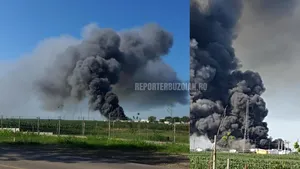 VIDEO | Incendiu violent în Buzău. Arde cel mai mare depozit de materiale reciclabile din judeţ