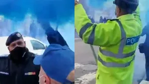 VIDEO Protest cu fumigene, la Palatul Cotroceni. Sindicaliştii din poliţie se ceartă şi se îmbrâncesc cu jandarmii