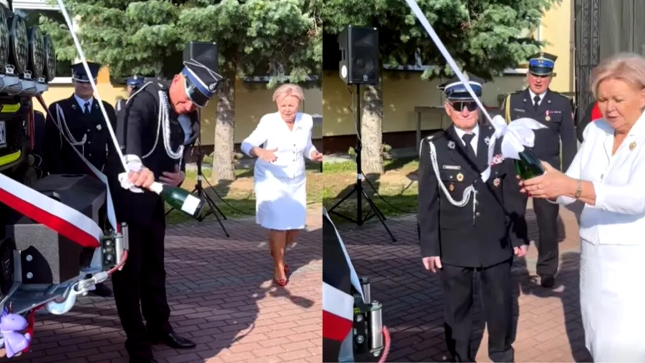 Polonia, moment viral: șampania care nu vrea să se spargă la „botezul