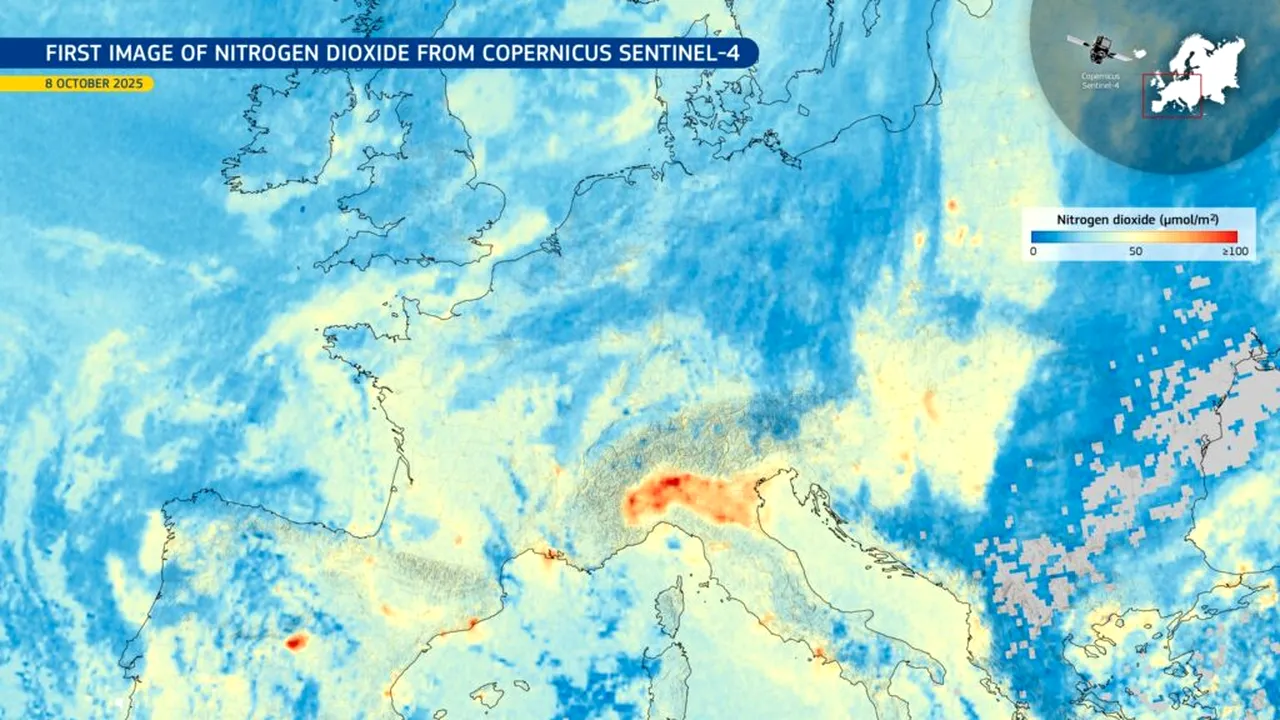 Sentinel-4 oferă primele imagini ale poluării aerului în Europa. Dioxid de azot și ozon monitorizate de la 36.000 de mii de kilometri altitudine