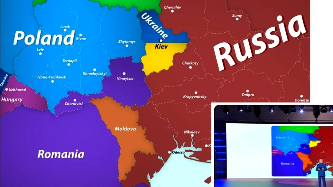 Medvedev a prezentat din nou harta de propagandă. Omul lui Putin a împărţit Ucraina între Rusia, Polonia, România şi Ungaria