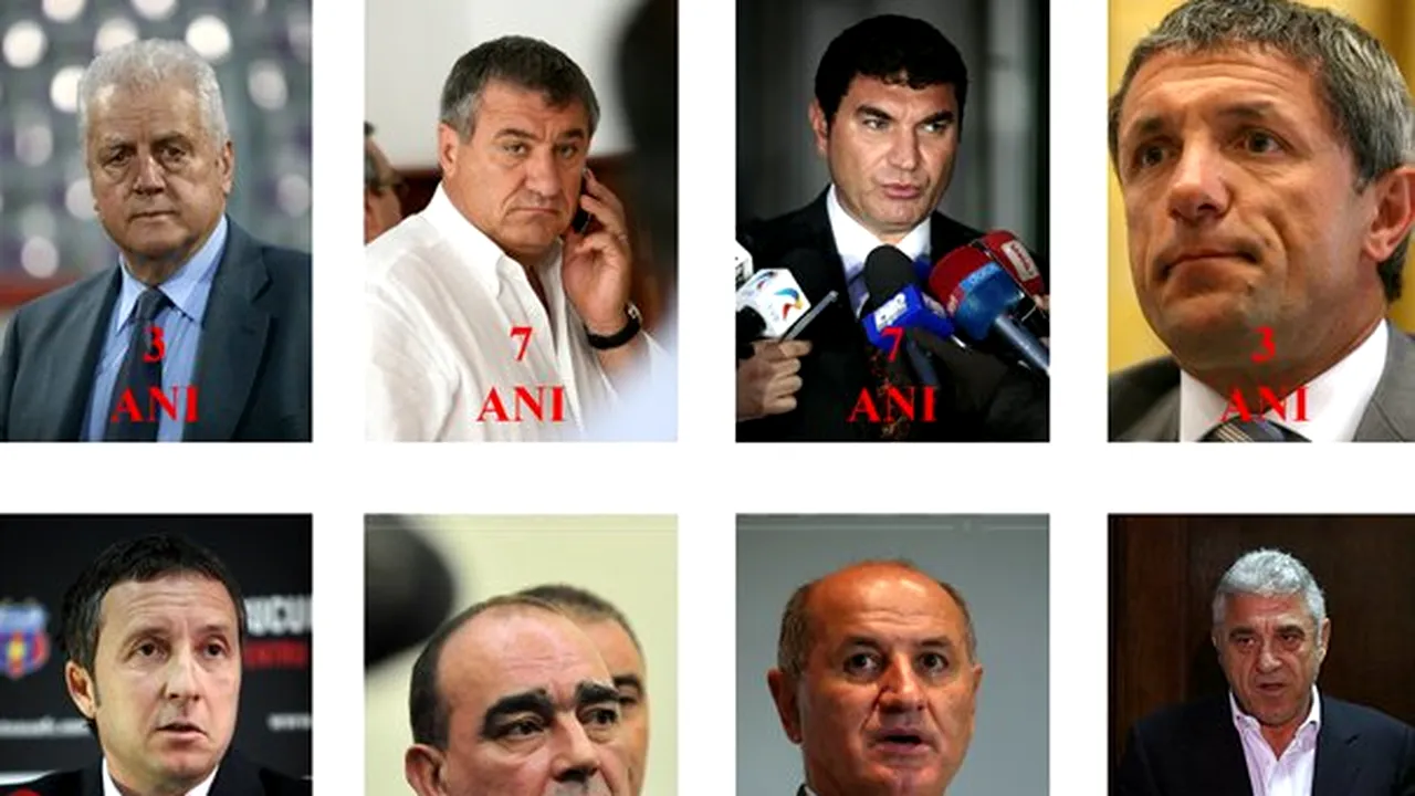 DOSARUL TRANSFERURILOR: Ioan Becali - 8 ani de ÎNCHISOARE; Victor Becali şi Cristi Borcea - câte 7 ani; George Copos - 5 ani; Mihai Stoica - 4 ani de închisoare; Jean Pădureanu, Gică Popescu şi Gigi Neţoiu - câte 3 ani