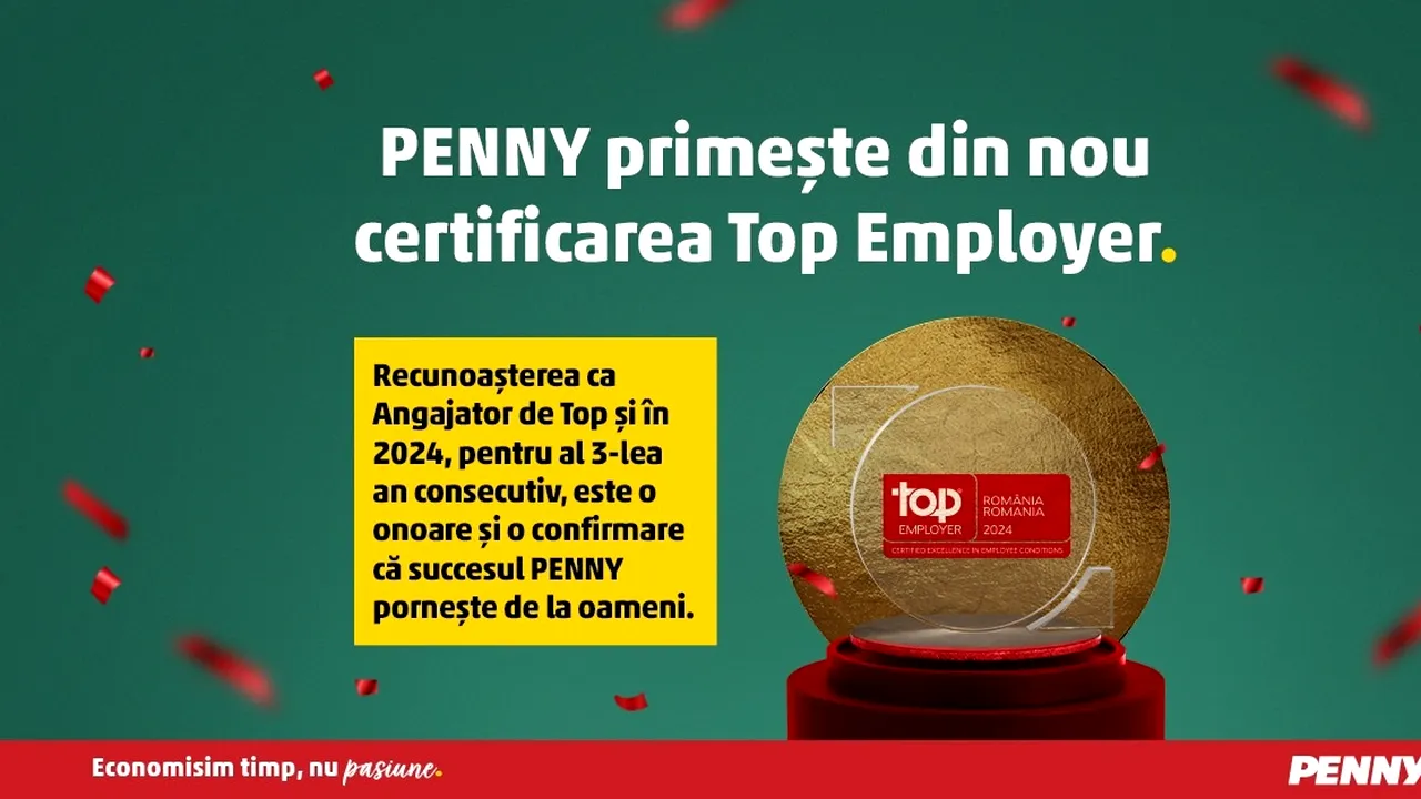 PENNY este recunoscut ca Top Employer 2024 în România, pentru al treilea an consecutiv