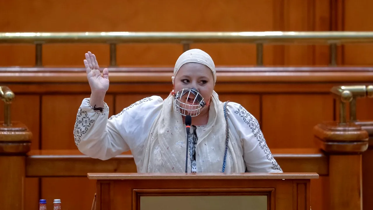 FOTO Diana Şoşoacă a venit cu o botniţă la gură în Parlament