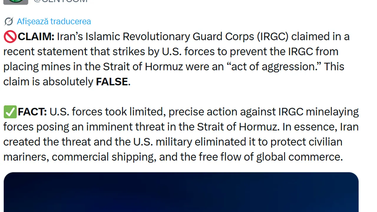 CENTCOM răspunde Iranului după atacul americanilor din Ormuz: „Iranul a creat amenințarea, iar armata SUA a eliminat-o”