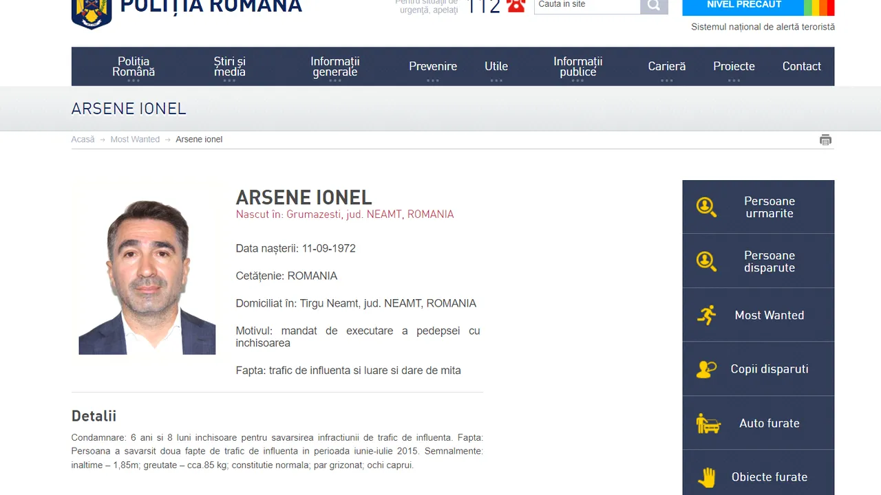 Greu de găsit: preşedintele Consiliului Judeţean Neamţ, Ionel Arsene, dat în urmărire de Poliţia Română