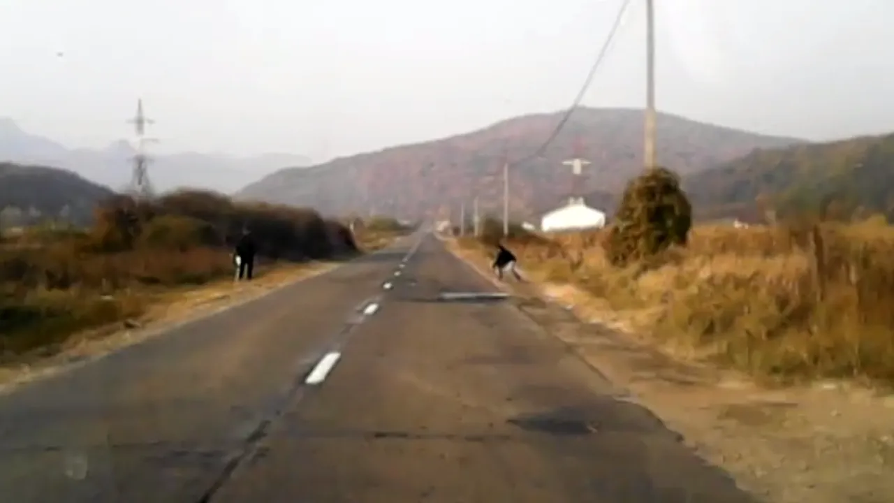 VIDEO | Păţania unor tineri care au întins un fir peste un drum naţional. Reacţia unui şofer