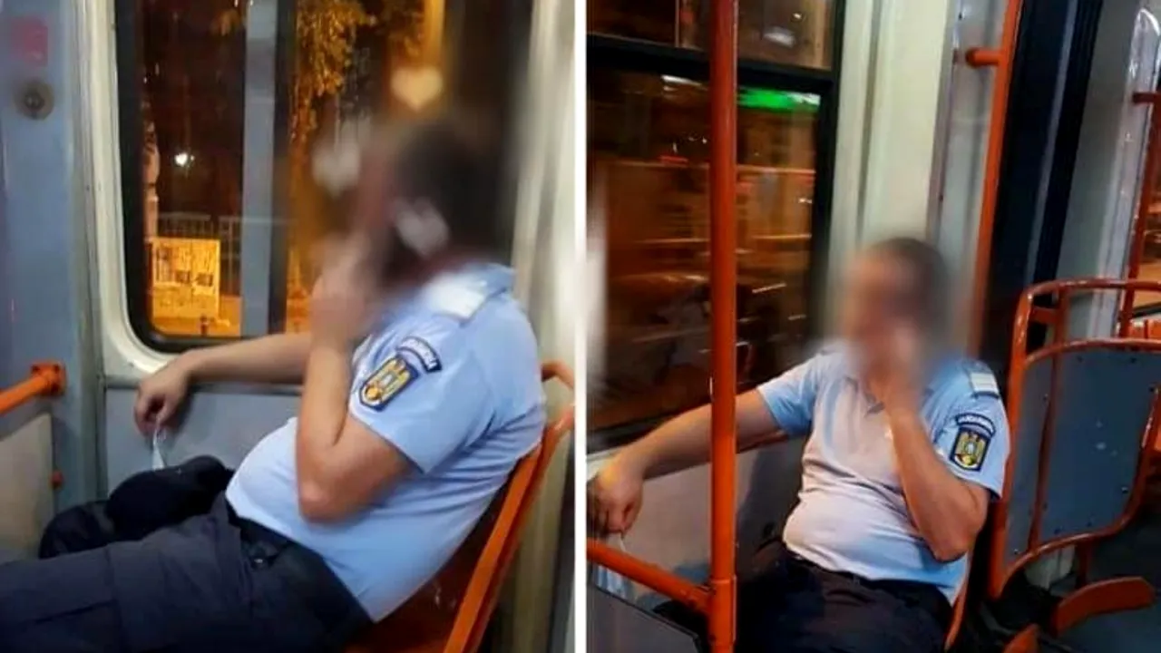 FOTO: În uniformă, dar fără mască de protecţie în autobuz. Ipostaza în care a fost surprins un jandarm ar putea să-l coste scump