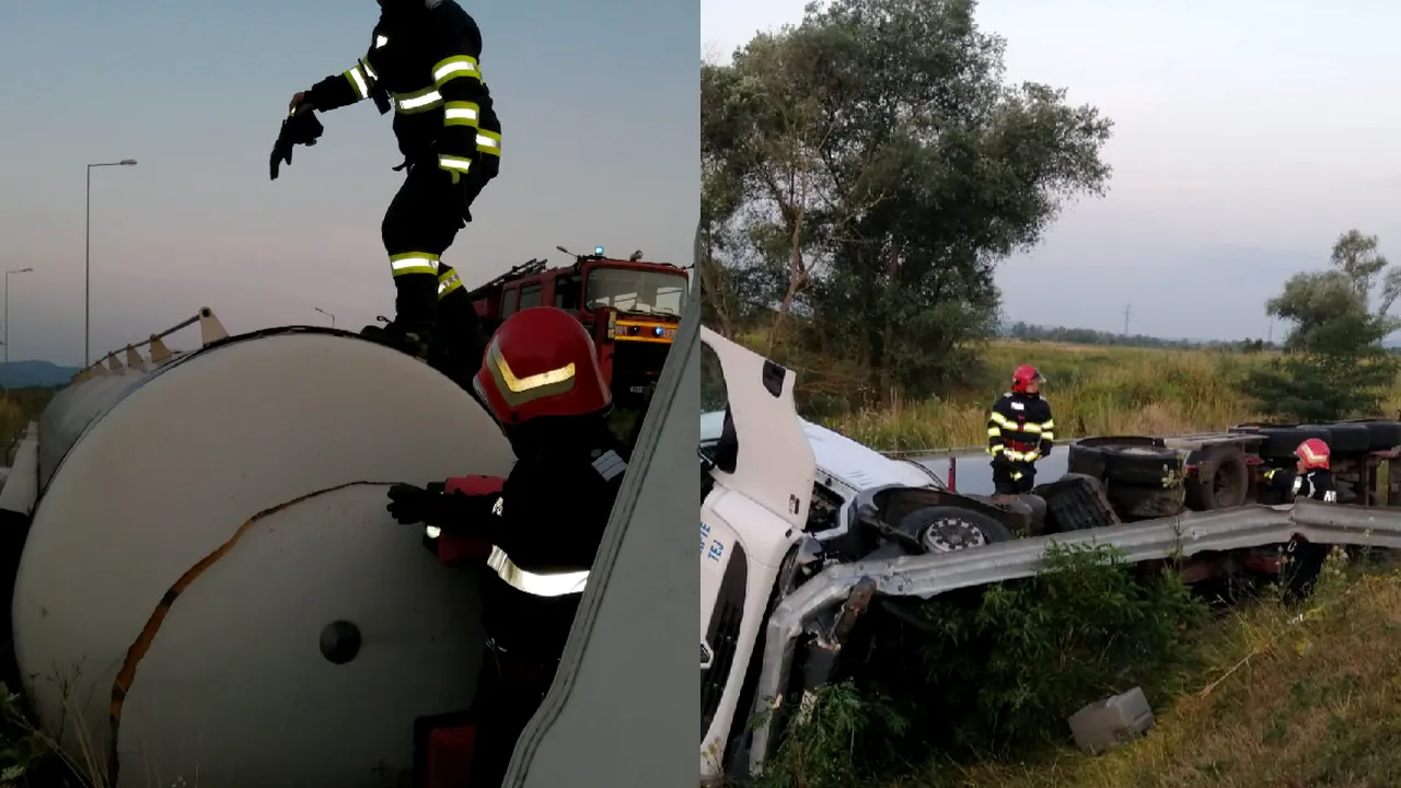 A curs la lapte pe autostradă. O cisternă plină cu 20.000 de litri de lapte s-a răsturnat