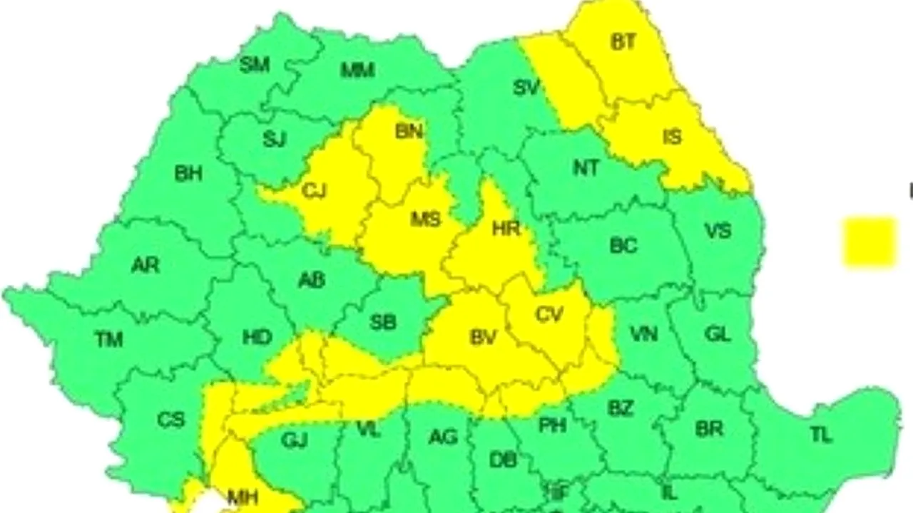 Cod galben de vânt în mai multe zone din Transilvania, Oltenia și Moldova. Harta județelor vizate